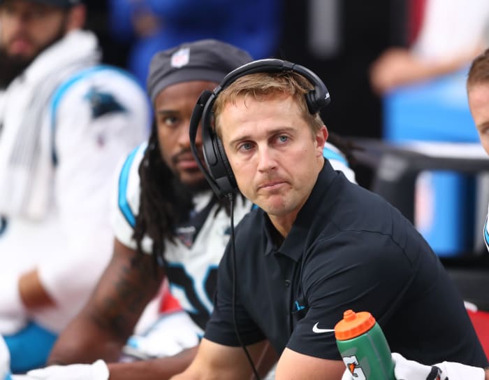 Sep 22, 2019; Glendale, AZ, USA; Carolina Panthers running backs coach Jake Peetz against the Arizona Cardinals at State Farm Stadium. Mandatory Credit: Mark J. Rebilas-USA TODAY Sports
